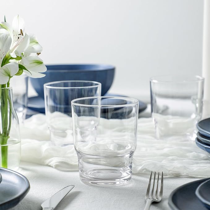 Stone Lain Rio Stoneware 32 Piece Dinnerware Set Blue Plates and Bowls Sets with Fluted Glass Cups Textured Dish Set for 8 Microwave &amp Dishwasher Safe