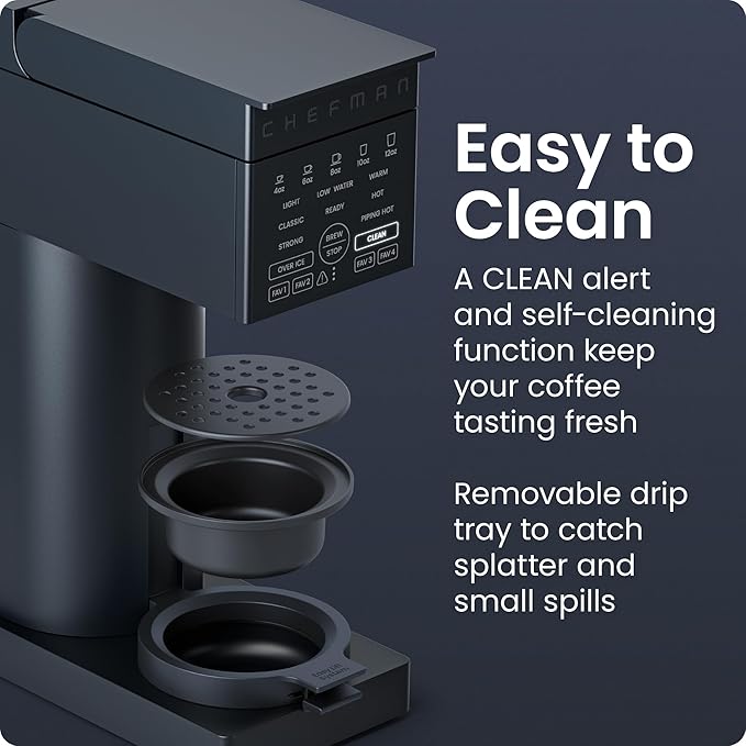 Chefman Caffeinator Single Serve Coffee Maker Brew Kcups &amp Grounds Drip Coffee Machine with Brew Strength Settings Iced Coffee Function 48 oz. Removable Water Reservoir