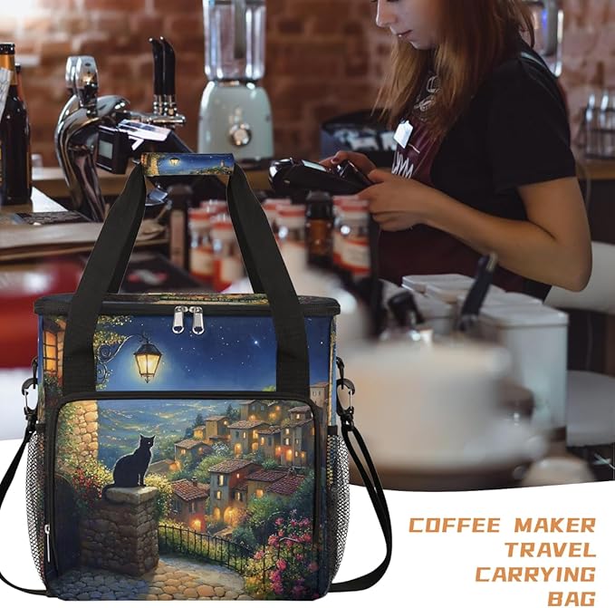 Light Night Scene Cat Flower Tree Coffee Maker Carring Bag Travel Carrying Storage Tote Bag Compatible with Keurig K-Mini or K-Mini Plus Portable Single Serve Coffee Brewer Case with Pockets
