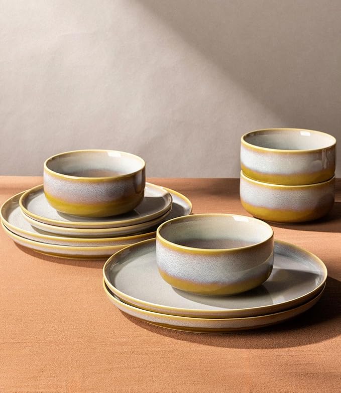 TheTerra Ceramic Dinnerware Sets for 6 18 Pieces Handmade Reactive Glaze Plates and Bowls Set Scratch Resistant Dish Set Oven &amp Microwave &amp Dishwasher Safe Autumn Haze