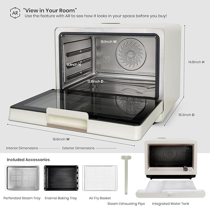 VAL CUCINA 7-in-1 Steam Convection Oven Countertop with Air Fry Bake Sous Vide Ferment Built-in Recipes | Anti-Scalding Self Clean Food-grade Stainless Steel Cavity &amp Accessories | 1500W