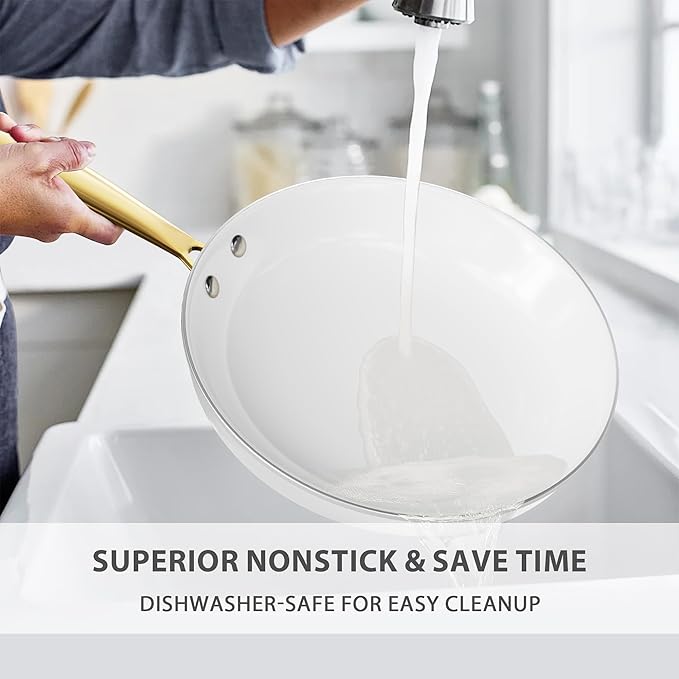 Ceramic Cookware Set VONIKI 16 Pcs Pots and Pans Set Non Stick Kitchen Cookware Sets with Cooking Utensils Set Non Toxic Cookware Set White Gold Pan Set for Cooking Pot Oven &amp Dishwasher Safe