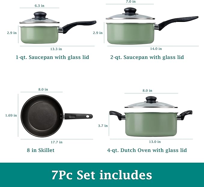 7-Piece Aluminum Cookware Set Nonstick Pots and Pans Green
