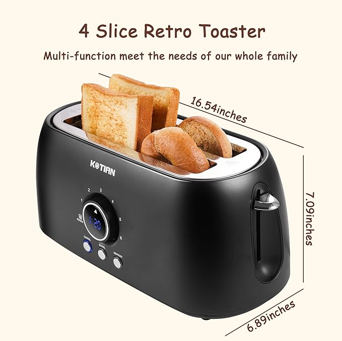 Toaster 4 SliceKOTIAN Retro Long Slot Toasters with Countdown TimerStainless Steel ToasterBagelDefrostReheatCancel FunctionsExtra Wide Slots6 Toast SettingsRemovable Crumbs TrayMatte black