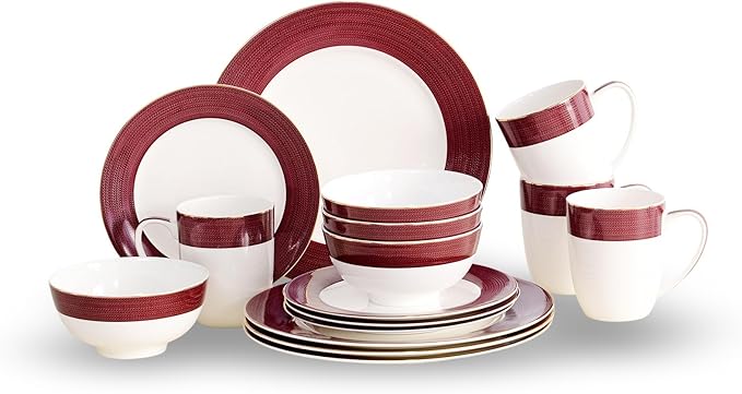 16-Piece Fine Bone China Dinnerware Set Dinner PlatesBowls and Mugs Set Dishware Set for 4 With Selected Christmas Premium Red and Green pattern White Embossed Spot Ornament and Gold Rim