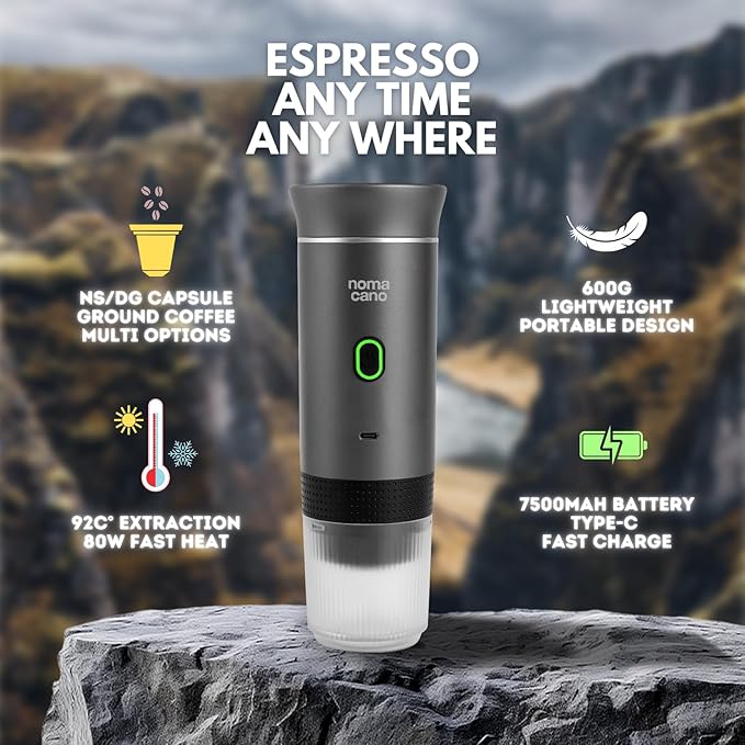 Electric Portable Espresso Machine Travel Coffee Maker Instant Self-Heating with USB-C Extraction Pod System compatible with NS Capsule &amp Ground Coffee for Camping RV Hiking Office