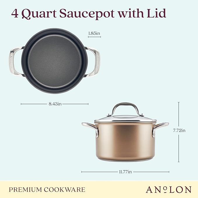 Anolon Ascend Hard Anodized Nonstick Saucepan/Saucepot and Lid - Good for All Stovetops (Gas Glass Top Electric &amp Induction) Dishwasher &amp Oven Safe with Stainless Steel Handle 4 Quart - Br