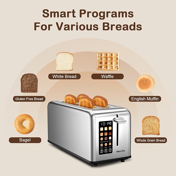 Mecity 4 Slice Toaster Touch Screen 1.5 Long Slot Stainless Steel Smart Bread Toaster for Bagel Muffin Waffle Gluten Free Breads Timer Defrost Reheat 120V 1400W