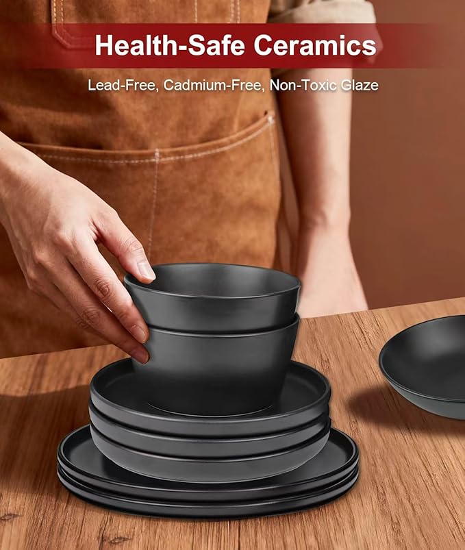 16 Pieces Ceramic Dinnerware setPlates and Bowls Sets for 4Black Dinnerware Set for Kitchen Modern Design Plate Sets with Black Rim Microwave and Dishwasher Safe