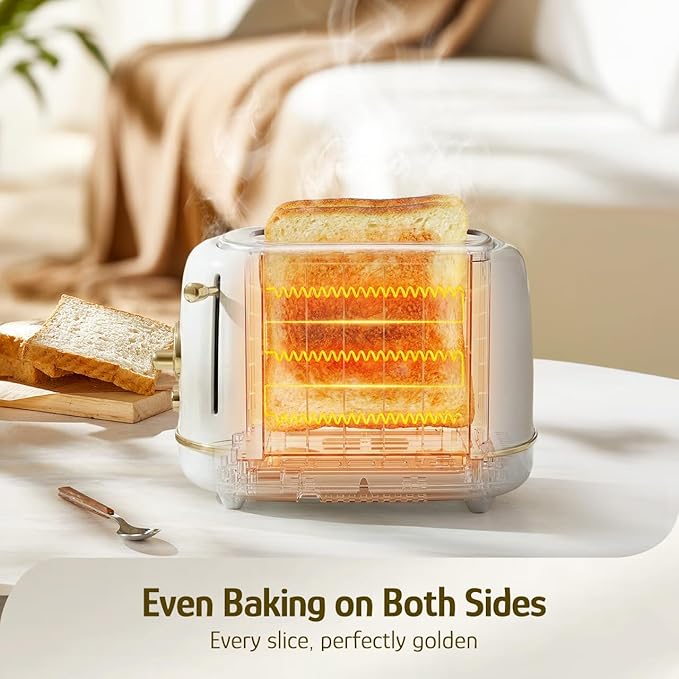 Hazel Quinn 2-Slice Retro Toaster 6 Browning Levels 3 Functions-Defrost/Reheat/Cancel Removable Crumb Tray for Easy to Clean 1.5 Inches Extra Wide Slots - Pearl White