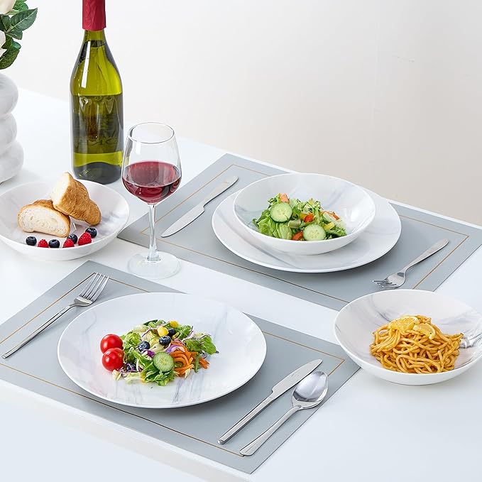 Bestone 12-Piece Round Kitchen Dinnerware Set Plates Bowls Service for 4 Blue and White Marble