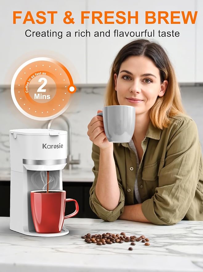 Single Serve Coffee Maker for K-Cup and Ground Coffee Fast Brew 6-12 oz Brew Sizes One Cup Coffee Machine Fits 5.5 Mugs One-Button Small Coffee Maker with Descaling ReminderWhite