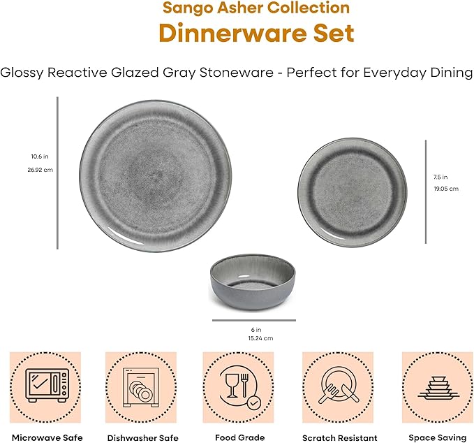 Sango Asher 12-Piece Stoneware Dinnerware Set for 4 Gray Ceramic Plates and Bowls Sets Modern Dish Set with Reactive Glaze Durable Kitchen Dishes for Casual Dining Microwave &amp Dishwasher Safe