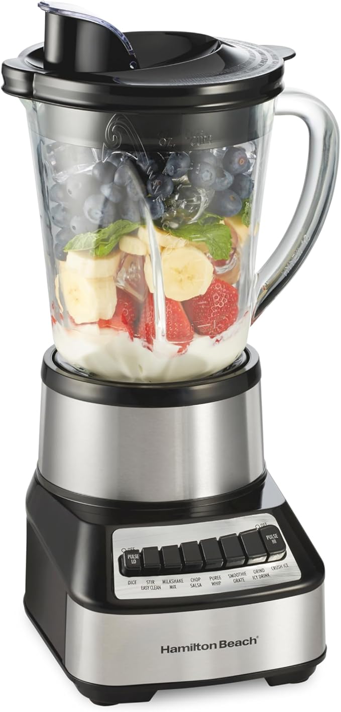 Hamilton Beach Wave Crusher Blender For Smoothies With 40 Oz Glass Jar and 14 Functions Ice Sabre Blades &amp 700 Watts for Consistently Smooth Results Black + Stainless Steel (54221)