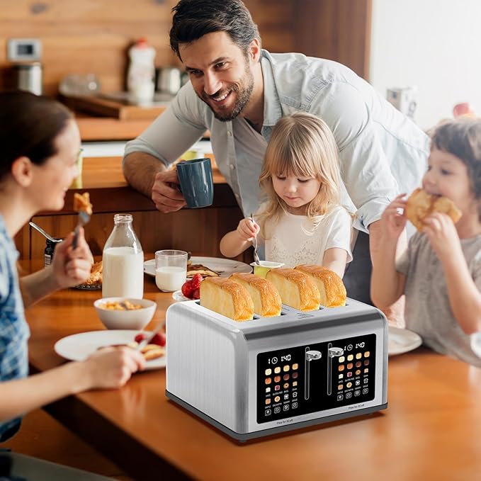 4 Slice Toaster Touch Screen Stainless Steel Toasters Digital Timer Dual Control Panel Toasters 8 Shade Settings 6 Bread Types for Bagel Cancel Defrost 1650W
