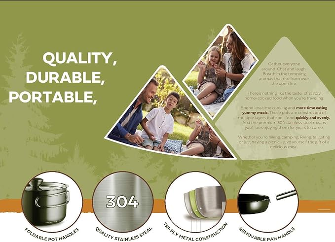 Camping Cookware Set 304 Stainless Steel 8-Piece Pots &amp Pans Open Fire Cooking Kit | Frying Pan Steamer with Travel Tote Bag | Compact For Outdoors &amp Indoors Kitchen Campfire Hiking RV