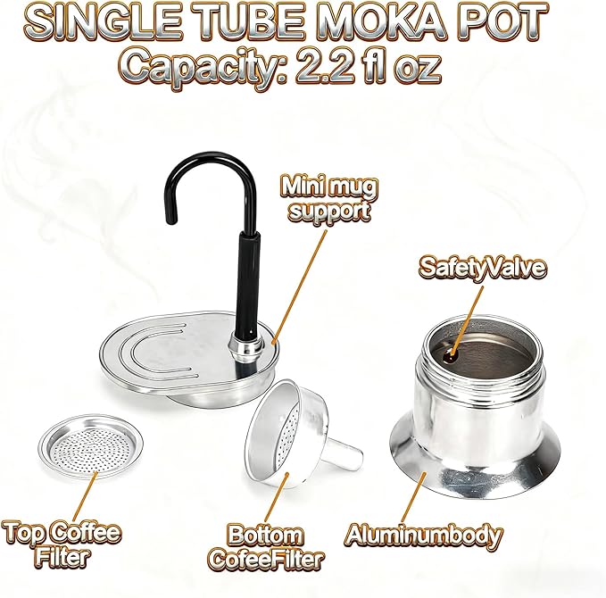 50ml Mini Aluminum Moka Pot - Single Tube Espresso Maker 2.2 fl oz Compact Aluminum Body with Safety Valve &amp Black Handle Portable Brewing for Home Office &amp Travel