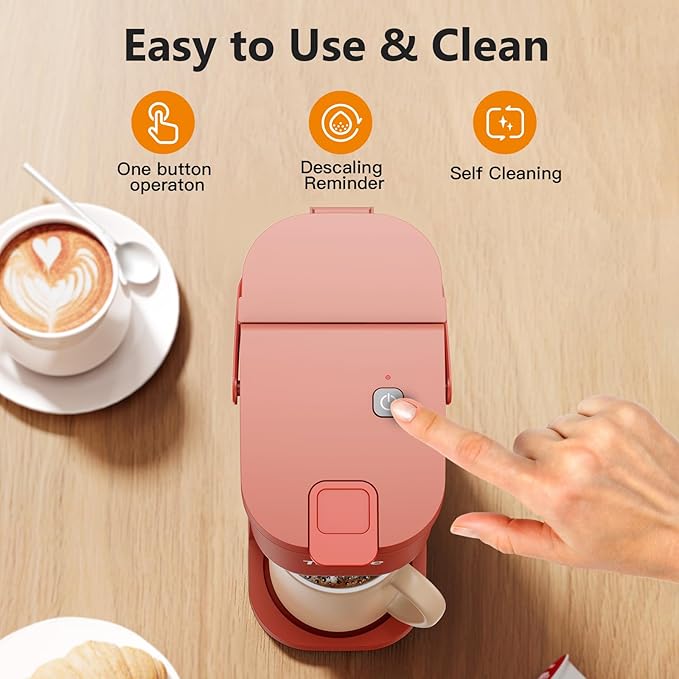 Single Serve One Cup Coffee Maker for K Cups and Grounds Mini Coffee Maker with Portable Handle 6 to 12 Oz Brew Size for Travel Camping Office RV and Dorm 120V Salmon Pink