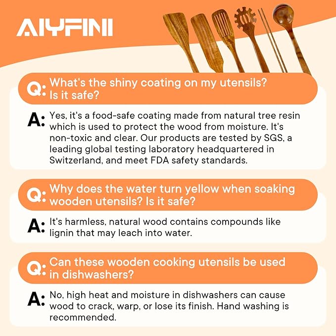 Non-Toxic Wooden Utensils for Cooking - Natural Acacia &amp Glue-Free15.4 Large Spatula Set Long Handle for Scald-Resistant Wood Kitchen Spoons/Chopsticks/Holder for Non Stick Frying Pans by ALY