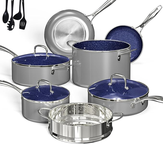 Deluxe DUXANO 14PC Healthy Pots and Pan With 9H Anti-scratch Coating 2-Layer Non-Stick Ceramic&ampPFAS Free Sensitively&ampEvenly Induction Cooking Enhanced Flavor with Infrared Cookware Dishwas
