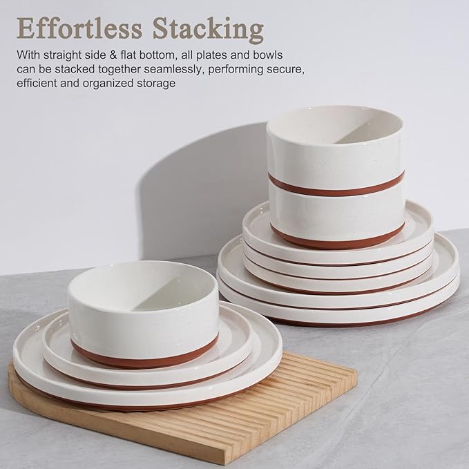 LIANYU Stoneware Dinnerware Sets Service for 6 18 PCS Plates and Bowls Sets Handmade Ceramic Dish Set Highly Chip and Crack Resistant Modern Plate Set Cloud White