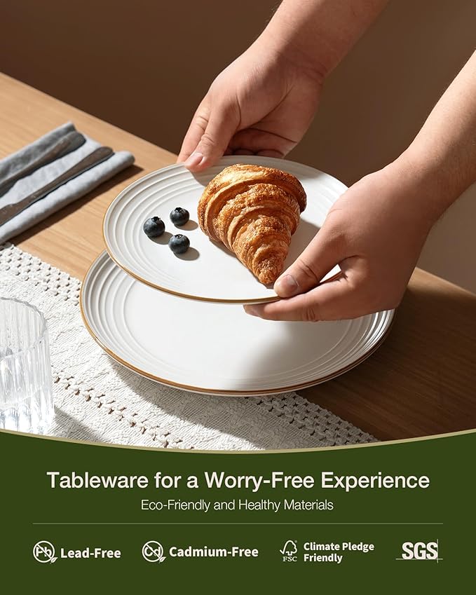Famiware Jupiter Stoneware Dinnerware Sets Handcrafted Plates and Bowls with Embossed Swirl &amp Speckles White - Chip &amp Scratch Resistant Dishwasher Microwave Safe Minimalist Dishes for 8 (24