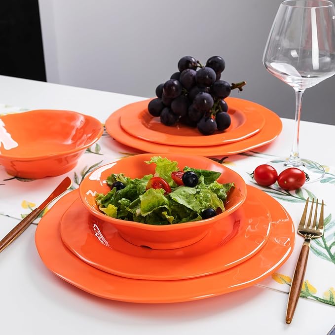 LEHAHA Orange Melamine Dinnerware Set 12 Piece Kitchen Tableware Plates Bowls Dishes Set Lightweight Unbreakable Dinnerware Set for 4 Dishwasher Safe and BPA free