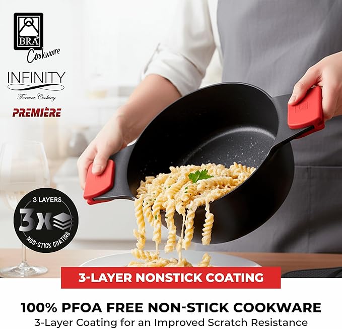 BRA COOKWARE Premiere &amp Infinity 6-Piece Nonstick Cookware Set | Cast Aluminum Pots &amp Pans Set w/ 1 Dual Skillet 1 Pot 1 Saucepan 2 Lids | 3-Layer NonStick | All Stovetops | PFOA Free
