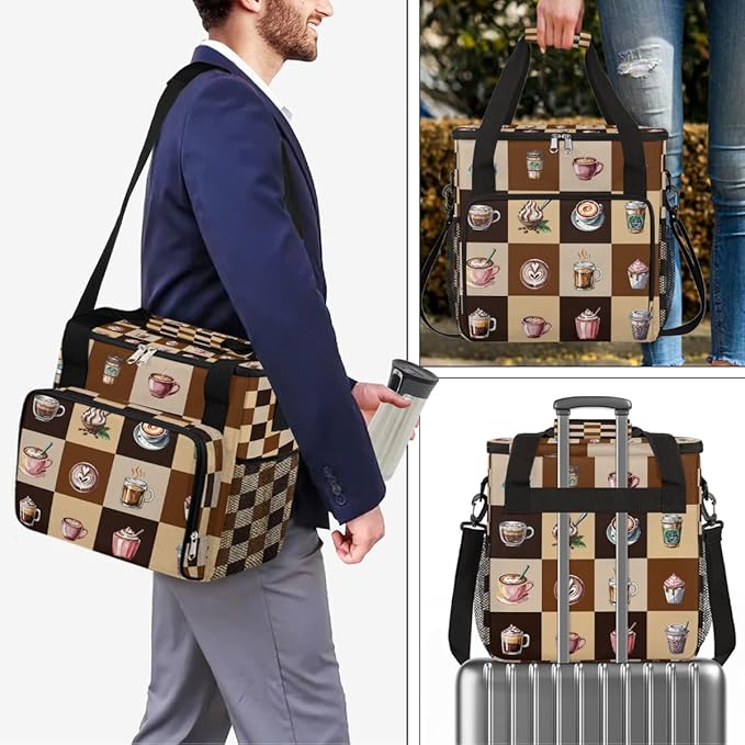 Cartoon Coffee Pattern Coffee Maker Carring Bag Travel Carrying Storage Tote Bag Compatible with Keurig K-Mini or K-Mini Plus Portable Single Serve Coffees Brewer Case with Pockets for K-cup Pods