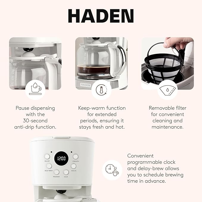 HADEN Coffee Machine 12 Cup Drip Coffee Maker Bundled with Heritage 1.7 Liter Stainless Steel Electric Kettle Ivory &amp Chrome