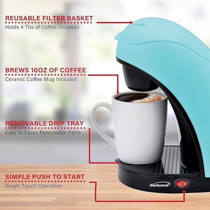 Brentwood TS-112BL Single-Serve Coffee Maker with Mug (Blue)
