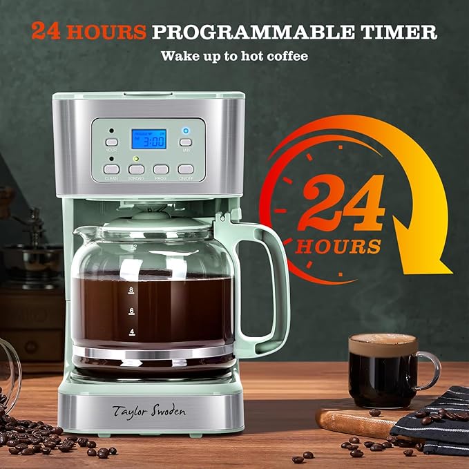 Taylor Swoden 12-Cup Programmable Coffee Maker Regular &amp Strong Brew Drip Coffee Machine for Home and Office Glass Carafe Pause &amp Serve Auto Shut Off Green &amp Stainless Steel