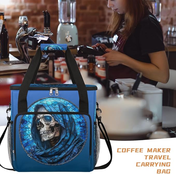 Halloween Skull Blue Coffee Maker Carring Bag Travel Carrying Storage Tote Bag Compatible with Keurig K-Mini or K-Mini Plus Portable Single Serve Coffee Brewer Case with Pockets for K-cup Pods