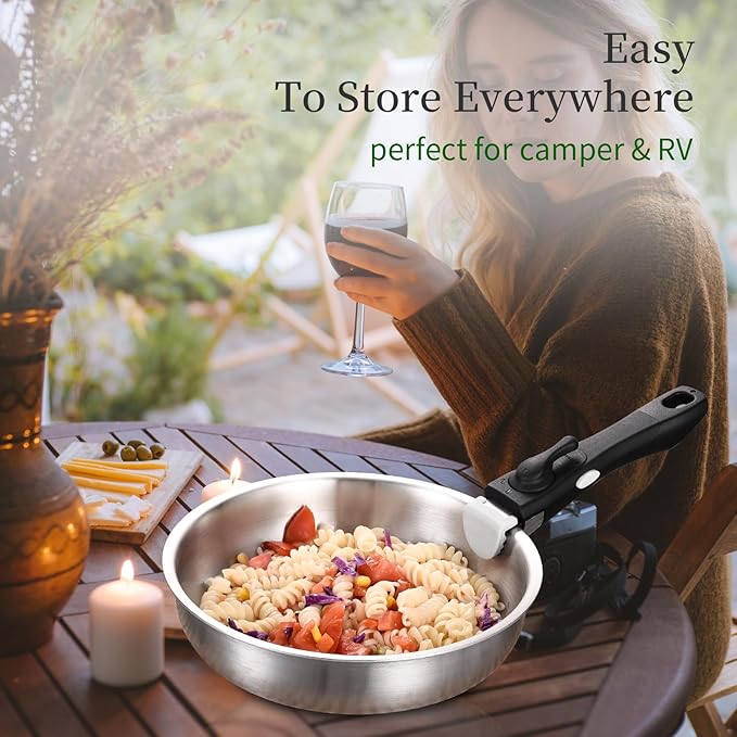 Inqibee Tri-Ply Stainless Steel Cookware Set with Removable Handle Detachable Handle 8.5-11 Inch Frying Pan Set Induction Kitchen Cooking Set for Home &amp RV Cooking Dishwasher and Oven Safe