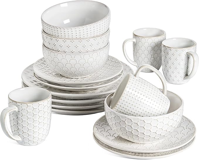 LE TAUCI 16 Piece Dinnerware Set Arctic White Stoneware Plates and Bowls With Mugs Ideal for 4 Serve for 4 Stackable Lead and Cadmium Free