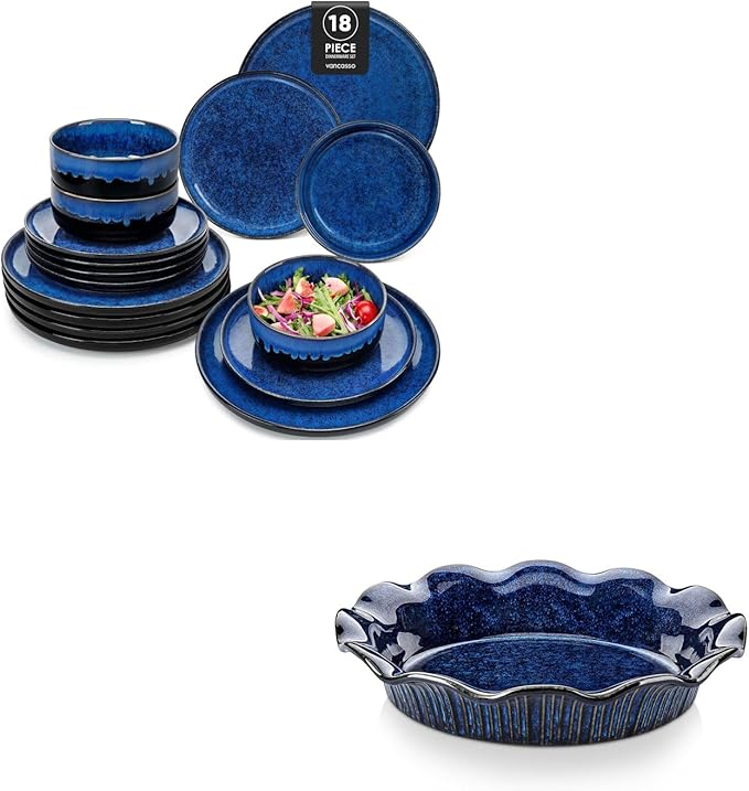 vancasso Starry 18 Pieces Dinnerware Sets for 6 Bundles 9 Inches Stern Ceramic Pie Pan for Baking