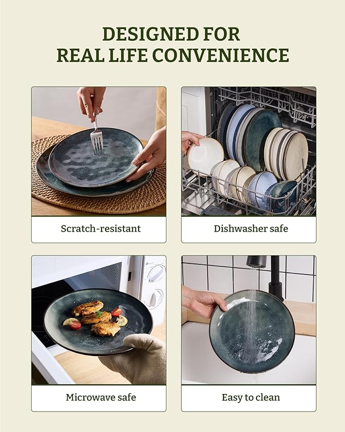 Famiware Dinnerware Sets for 4 Ocean Round 12-Piece Kitchen Plates and Bowls Sets Reactive Glaze Microwave and Dishwasher Safe Scratch Resistant Deep Forest