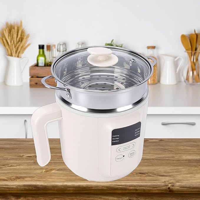 Pssopp 1.8L Electric Rice Cooker Multifunctional Rice Grain Porridge Soup Noodles Pot with Stainless Steel Steamer Tray for Kitchen Gadgets (US Plug 110V)