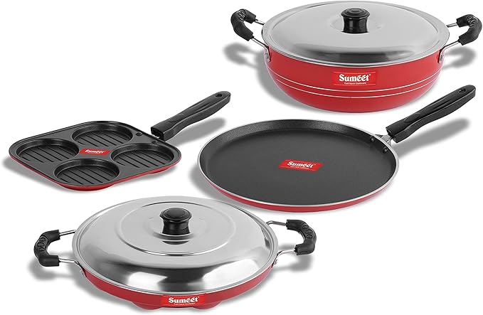 Sumeet 2.6 mm Thick Non-Stick Rojo Cookware Set (Dosa Tawa 26.5 cm Dia Mini Multi Snack Maker 19.5 cm Dia Kadhai with Lid 1.5 Ltr Capacity 20 cm Dia Grill Appam Patra with Lid 23 cm Dia)