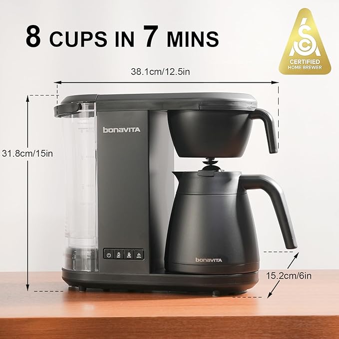 Bonavita Enthusiast 8 Cup Drip Coffee Brewer Pour Over SCA Certified Coffee Machine with Thermal Carafe Stainless Steel Panel Removable Reservoir Matte Black