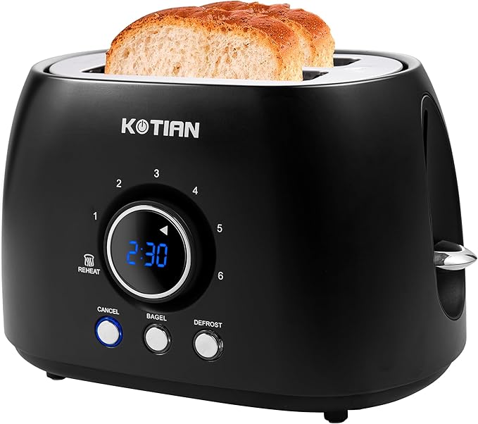 Toaster 2 SliceKOTIAN Retro Toaster1.5 Extra Wide SlotStainless Steel Toasters BagelDefrostReheatCancel Function 6 Toast Settings Digital TimerRemovable TrayMatte Black