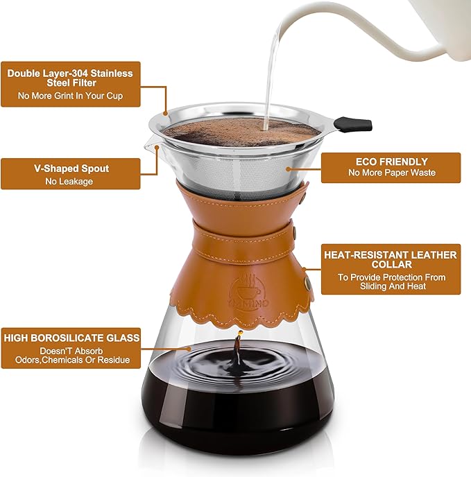 34oz Pour Over Coffee Maker with Double Layer Stainless Steel Filter Borosilicate Glass Dripper Detachable Heat-Resistant Leather Pad 7-8 Cups Coffee Maker Carafe（Light brown）