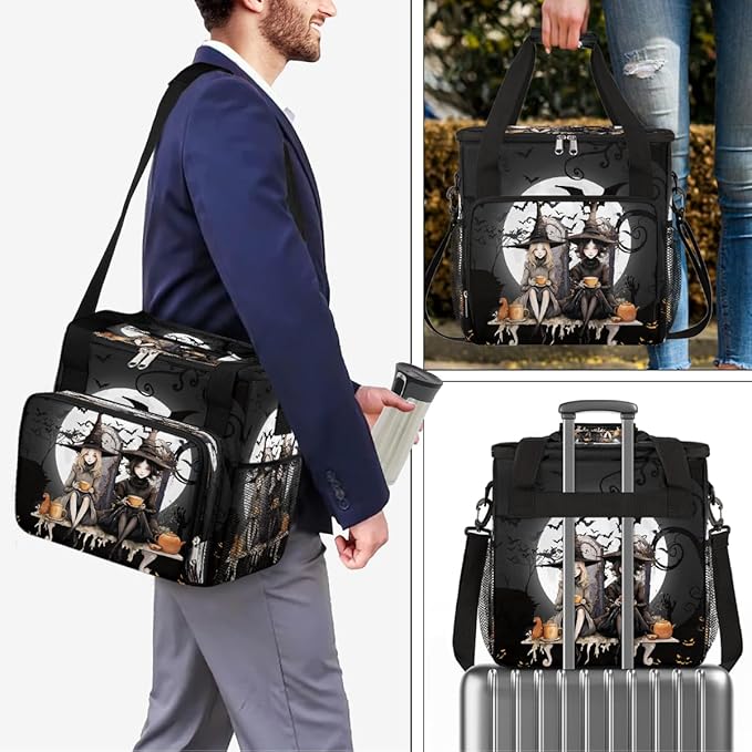 Halloween Witch Bat Moon Coffee Maker Carring Bag Travel Carrying Storage Tote Bag Compatible with Keurig K-Mini or K-Mini Plus Portable Single Serve Coffee Brewer Case with Pockets for K-cup Pods