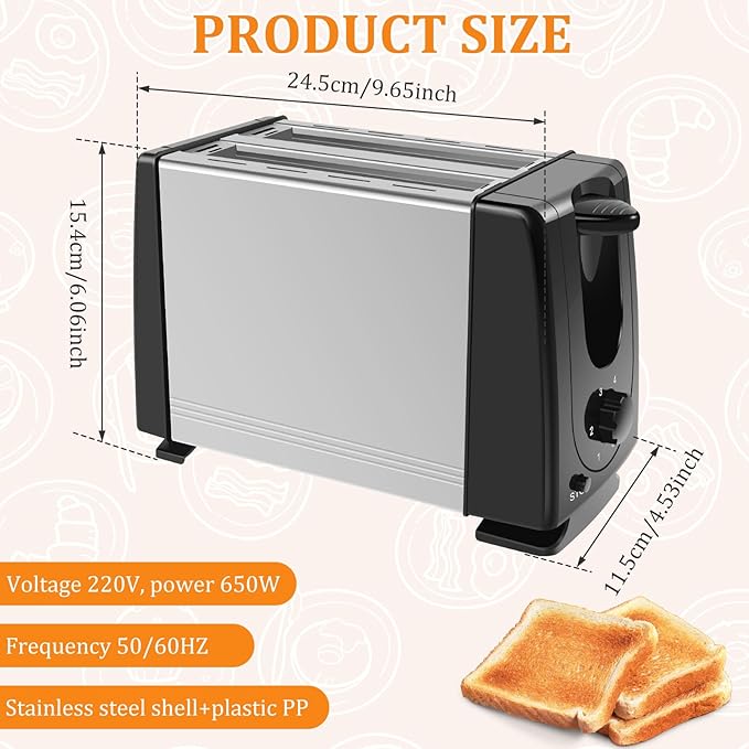 2 Slice Toaster Stainless Steel 2 Slot Toaste with 6 Browning Levels and Pause Button Breakfast Toaster Even Heating for Toast Crumpets Small Breads 9.6x15.4x4.5in