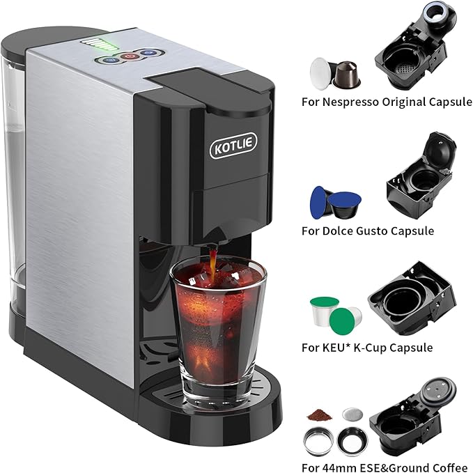 KOTLIE 19Bar Pressure Single Serve Coffee Maker Multifunctional 5in1 Coffee Machine for NES* Original/Dolce Gusto/K cup/Ground Coffee/illy 44mm ESE Cold&ampHot Brew Level 7 watervolume (AC-513HF)