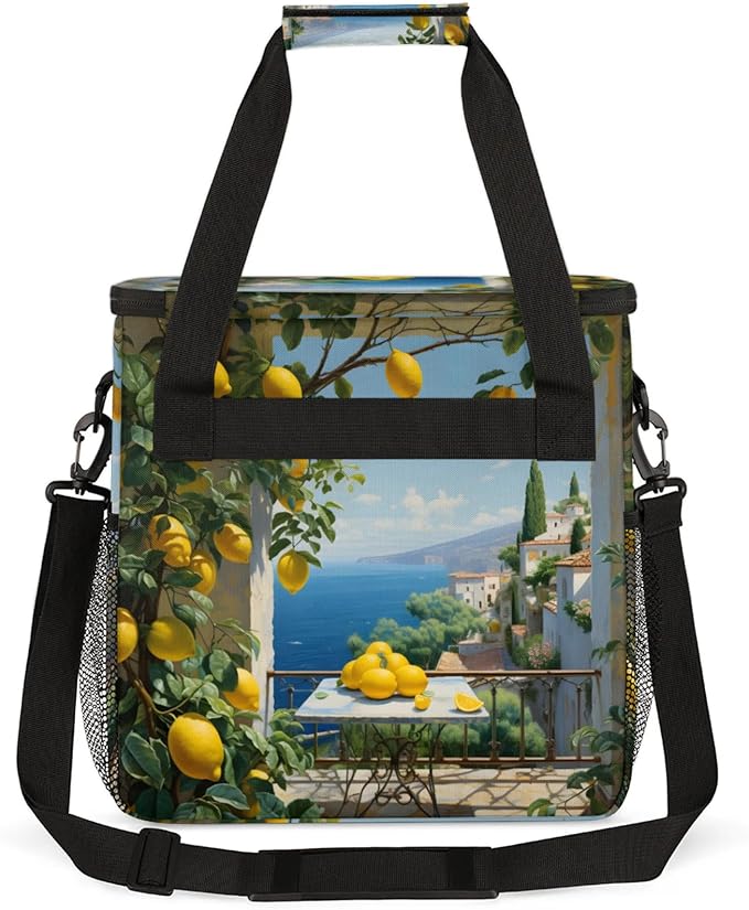 Sea House Lemon Coffee Maker Travel Bag for Keurig K-Mini/K-Mini Plus Insulated Waterproof Tote with Pockets for K-Cup Portable Single-Serve Brewer Case
