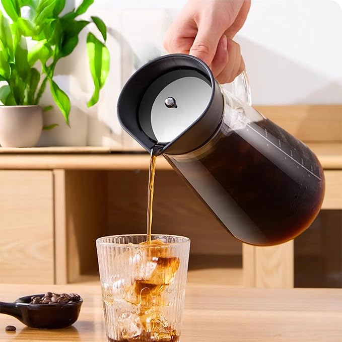 FixtureDisplays® 51oz/1.5L Cold Hot Full Immersion Brew Iced Coffee Maker Pitcher and Ice Tea Brewer with Spout &amp Silicone Seals Glass Pitcher with 304 Stainless Steel Fine-Mesh Filter 22112-2D