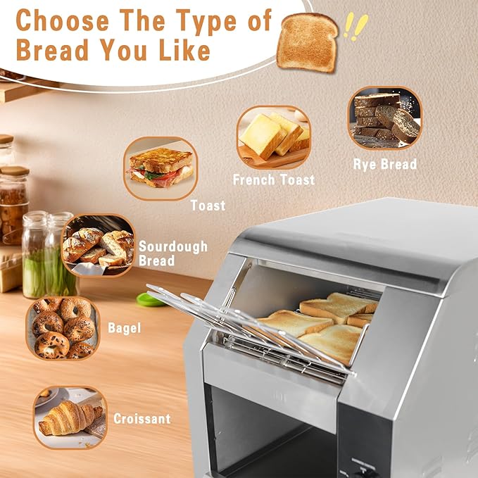 Hakka Commercial Conveyor Toaster 450 Slices/Hour Heavy Duty Conveyor Toaster Stainless Steel Toaster Oven Electric Restaurant Toaster with 3 Opening for Toast Bun Bagel Bread-120V1800W