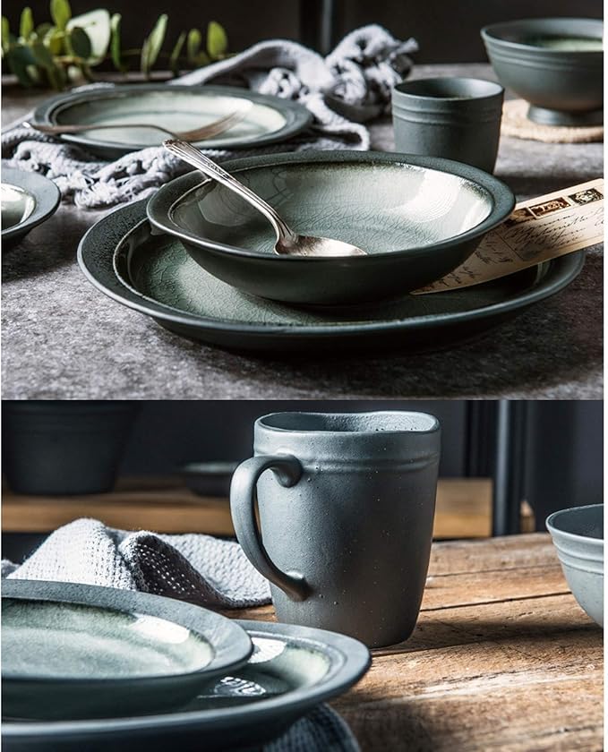 Porcelain Dinnerware Sets 32 Pieces Retro Ice Cracked Glaze Ceramics Dinner Combination Set | Cereals Bowls and Steak Plates Sets for Wedding Gifts