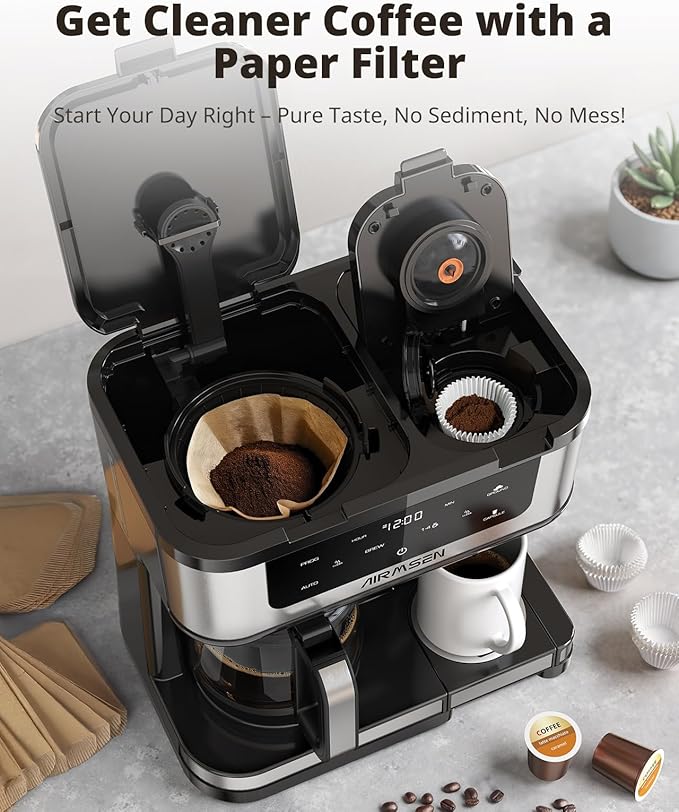 AIRMSEN 12-Cup Programmable Dual Coffee Maker – Single Serve Machine for K-Cup Pods &amp Ground 1000W Fast Brew Delay Start 2H Keep Warm Touchscreen 60oz Tank Glass Carafe – Home &amp Office